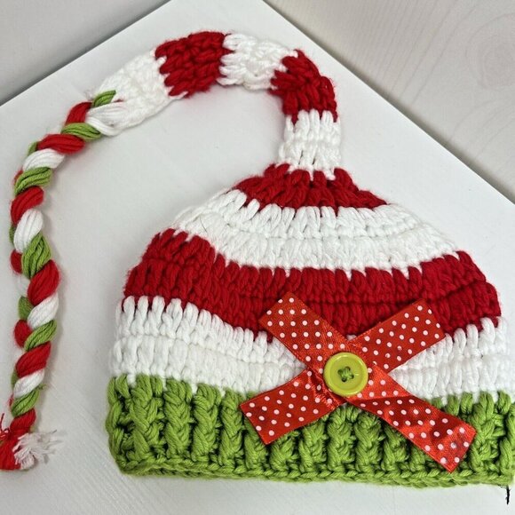 Baby Christmas Elf Long Tail Crochet Beanie Knit Hat Stocking Caps - Picture 1 of 9